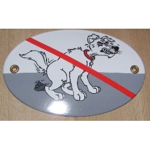 Ingen hunde h�m h�m- ovalt emaljeskilt hvidt  15x10 cm