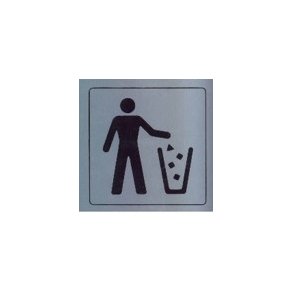 BRUG AFFALDSBTTEN -  selvklbende skilt i aluminium 14x14  mm